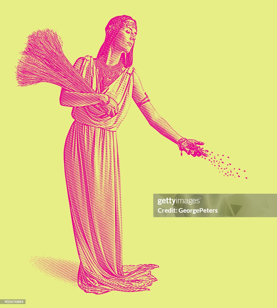 Demeter, goddess of the harvest and fertility sowing seeds.