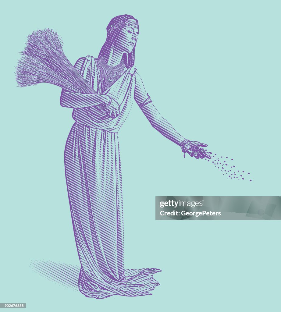 Demeter, goddess of the harvest and fertility sowing seeds.