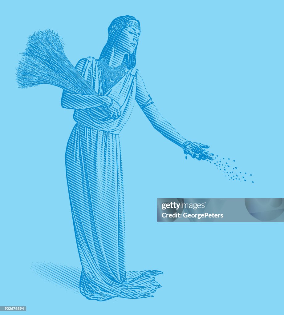 Demeter, goddess of the harvest and fertility sowing seeds.