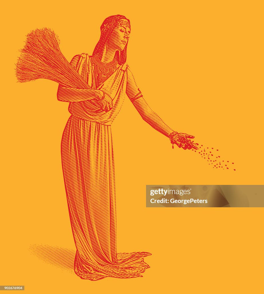 Demeter, goddess of the harvest and fertility sowing seeds.