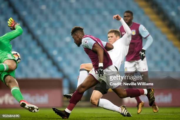 Aaron Tshibola of Aston Villa scores during the Premier League 2 match between Aston Villa and Fulham at Villa Park on January 08, 2018 in...