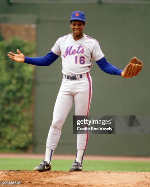 Dwight Gooden of the New York Mets looks on during an MLB game versus the Chicago Cubs at Wrigley Field in Chicago, Illinois during the 1986 season.