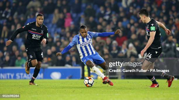 Brighton & Hove Albion's Jose Izquierdo breaks through Crystal Palace's Martin Kelly and Jairo Riedewald during the Emirates FA Cup, Third Round...