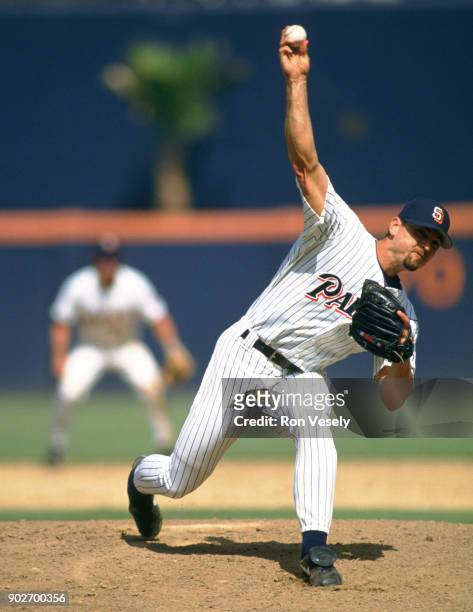 Trevor Hoffman of the San Diego Padres pitches during an MLB game at Jack Murphy Stadium in San Diego, California during the 1992 season.