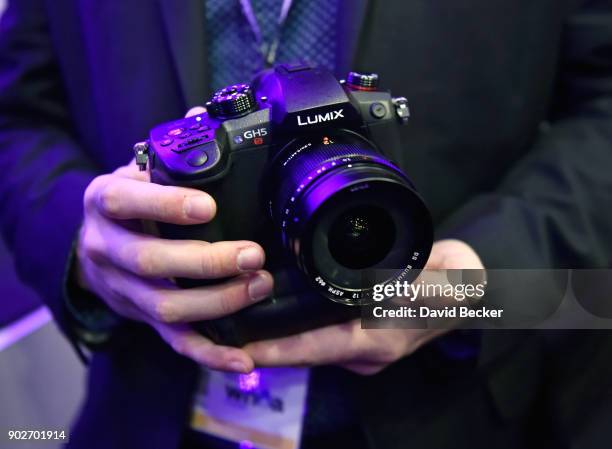 The Lumix GH5S mirrorless camera is displayed during a Panasonic press event for CES 2018 at the Mandalay Bay Convention Center on January 8, 2018 in...