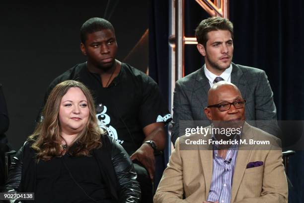 Actors Grey Damon, Okieriete Onaodowan, executive producers Stacy McKee and Paris Barclay speak onstage during the ABC Television/Disney portion of...