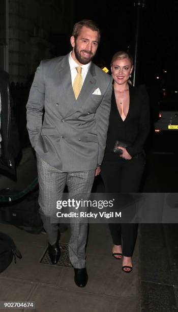 Chris Robshaw and Camilla Kerslake attend the GQ Dinner at Berners Tavern during London Fashion Week Men's January 2018 on January 8, 2018 in London,...