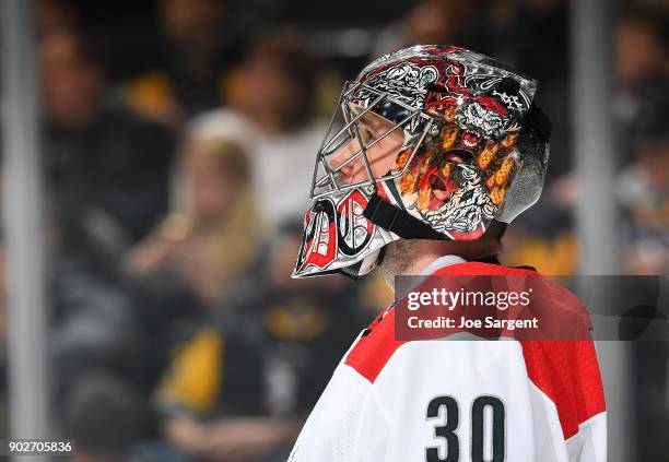 Cam Ward of the Carolina Hurricanes defends the net against the Pittsburgh Penguins at PPG Paints Arena on January 4, 2018 in Pittsburgh,...