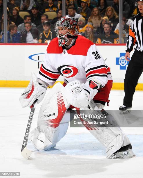 Cam Ward of the Carolina Hurricanes defends the net against the Pittsburgh Penguins at PPG Paints Arena on January 4, 2018 in Pittsburgh,...