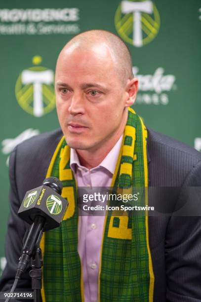 The Portland Timbers owner Merritt Paulson, talks to the media at the club's new coach Givanni Savaresse press conference presentation on Monday...