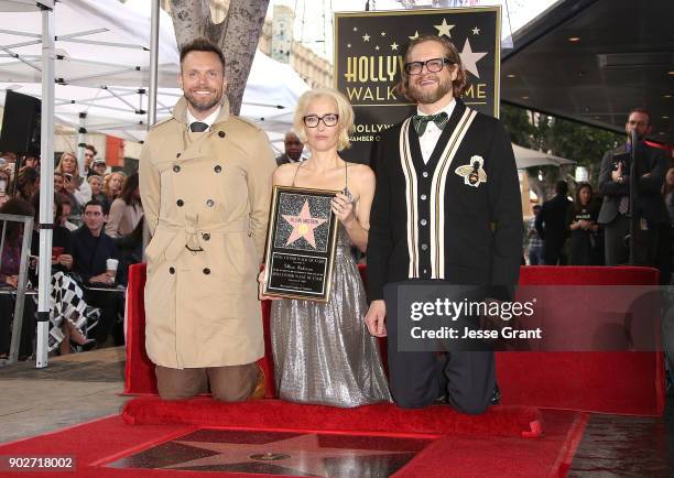 Actor Joel McHale, actress Gillian Anderson and writer Bryan Fuller attend the ceremony honoring Gillian Anderson with a Star on The Hollywood Walk...