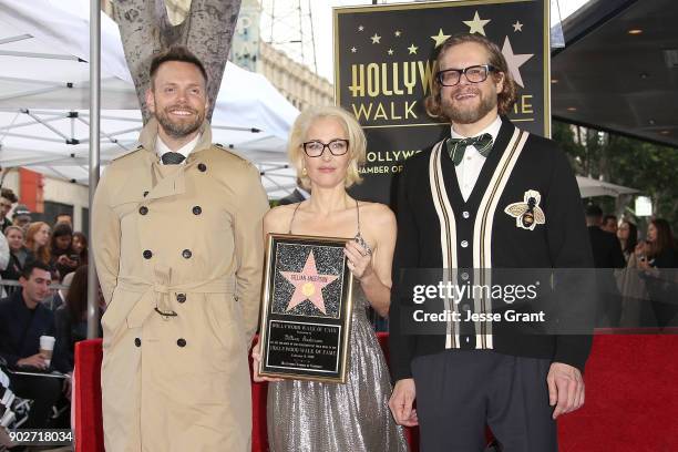 Actor Joel McHale, actress Gillian Anderson and writer Bryan Fuller attend the ceremony honoring Gillian Anderson with a Star on The Hollywood Walk...