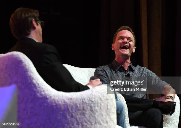 The IAm App CEO Cody Willard and actor and IAm App ambassador Neil Patrick Harris talk during a press event for CES 2018 at the Aria Resort & Casino...