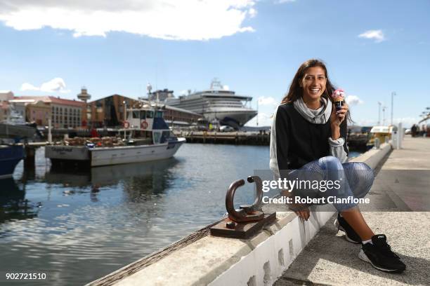 Jaimee Fourlis of Australia tries local ice cream on Constitution Dock prior to her next round match as part of the 2018 Hobart International at...