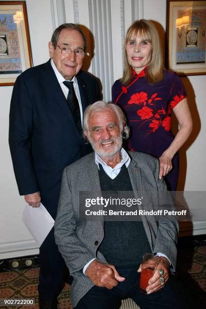 Actor Jean-Paul Belmondo sitting between Director Robert Hossein and his wife Candice Patou attend Robert Hossein celebrates his 90th Anniversary at...