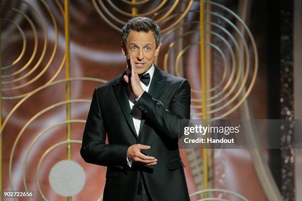 In this handout photo provided by NBCUniversal, Host Seth Meyers speaks onstage during the 75th Annual Golden Globe Awards at The Beverly Hilton...