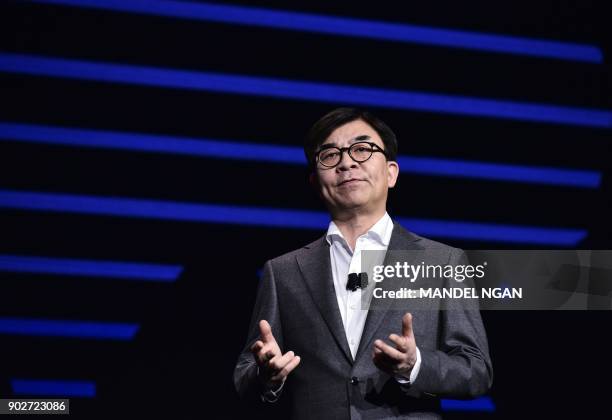 Samsung President and head of CE Electronics HS Kim speaks during the Samsung press conference at the Mandalay Bay Convention Center during CES 2018...