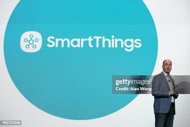 President and CEO of Samsung Electronics North America Tim Baxter speaks during a press event for CES 2018 at the Mandalay Bay Convention Center on...