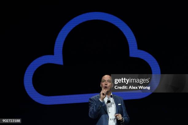 President and CEO of Samsung Electronics North America Tim Baxter speaks during a press event for CES 2018 at the Mandalay Bay Convention Center on...