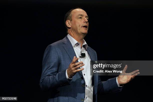 President and CEO of Samsung Electronics North America Tim Baxter speaks during a press event for CES 2018 at the Mandalay Bay Convention Center on...
