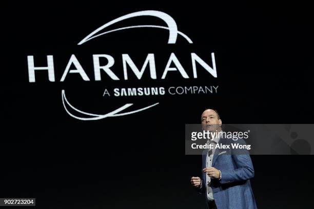 President and CEO of Samsung Electronics North America Tim Baxter speaks during a press event for CES 2018 at the Mandalay Bay Convention Center on...