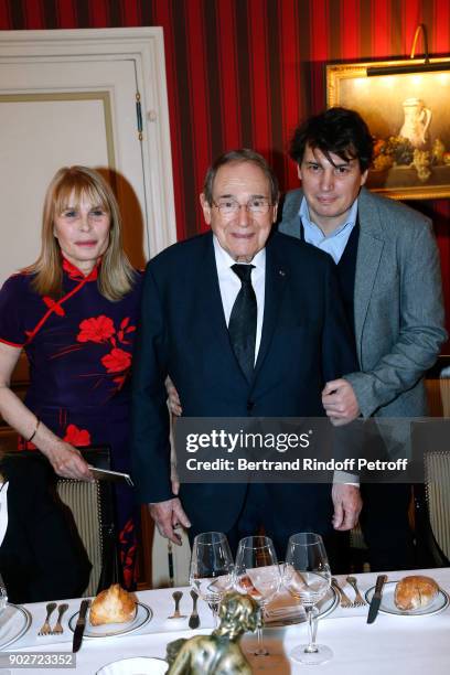 Candice Patou, her husband Robert Hossein and their son Julien Hossein attend Robert Hossein celebrates his 90th Anniversary at "Laurent Restaurant"...