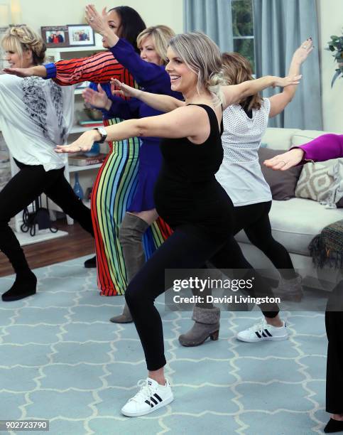 Personality Ali Fedotowsky exercises with other show members on Hallmark's "Home & Family" at Universal Studios Hollywood on January 8, 2018 in...