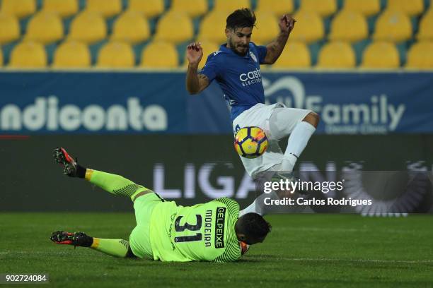 Feirense forward Hugo Seco from Portugal tries to pass trough GD Estoril Praia goalkeeper Moreira from Portugal during the match between GD Estoril...