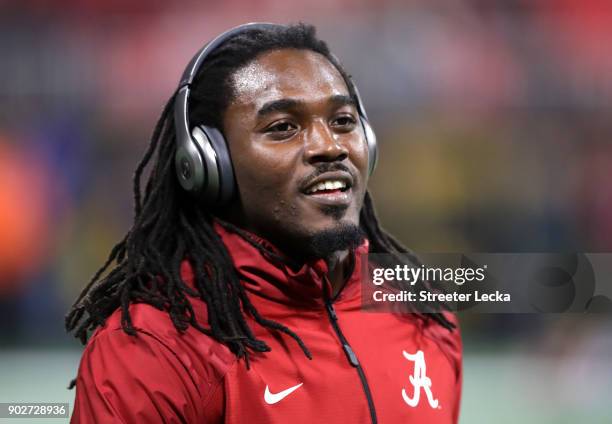 Bo Scarbrough of the Alabama Crimson Tide warms up prior to the game against the Georgia Bulldogs in the CFP National Championship presented by AT&T...