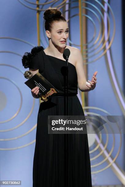 In this handout photo provided by NBCUniversal, Rachel Brosnahan accepts the award for Best Performance by an Actress in a Television Series –...