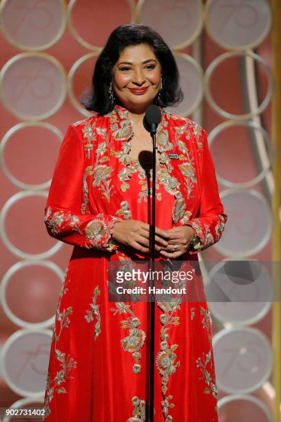 In this handout photo provided by NBCUniversal, HFPA President Meher Tatna speaks onstage during the 75th Annual Golden Globe Awards at The Beverly...