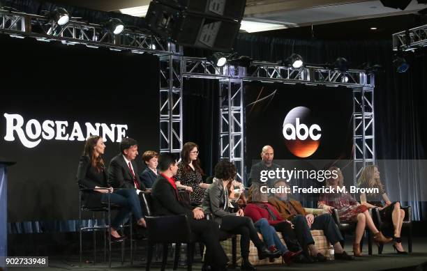 Executive producers Whitney Cummings and Tom Werner, actors Ames McNamera, Emma Kenney, Jayden Rey, executive producer Bruce Helford, actor Michael...