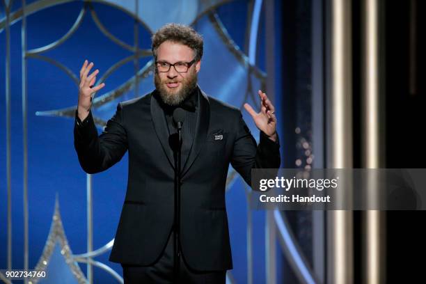 In this handout photo provided by NBCUniversal, Actor Seth Rogen speaks onstage during the 75th Annual Golden Globe Awards at The Beverly Hilton...