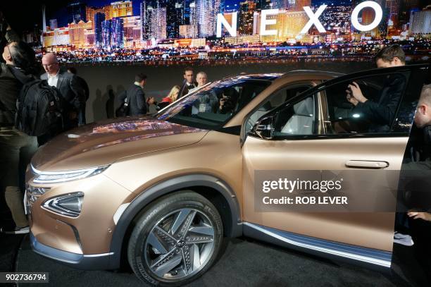 The Nexo, a hydrogen fuel-cell powered vehicle, is presented at the International Consumer Electronics Show in Las Vegas on January 8, 2018. Hyundai...
