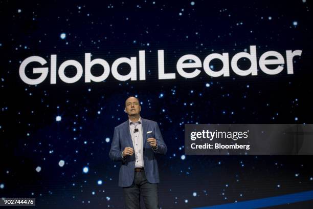 Tim Baxter, president and chief executive officer of Samsung Electronics America Inc., speaks during the company's press conference at the 2018...