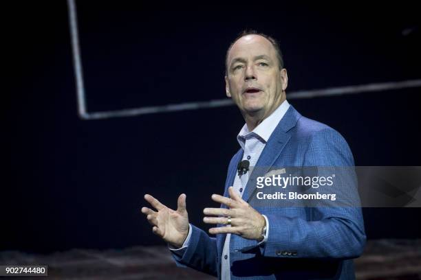 Tim Baxter, president and chief executive officer of Samsung Electronics America Inc., speaks during the company's press conference at the 2018...