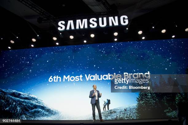 Tim Baxter, president and chief executive officer of Samsung Electronics America Inc., speaks during the company's press conference at the 2018...