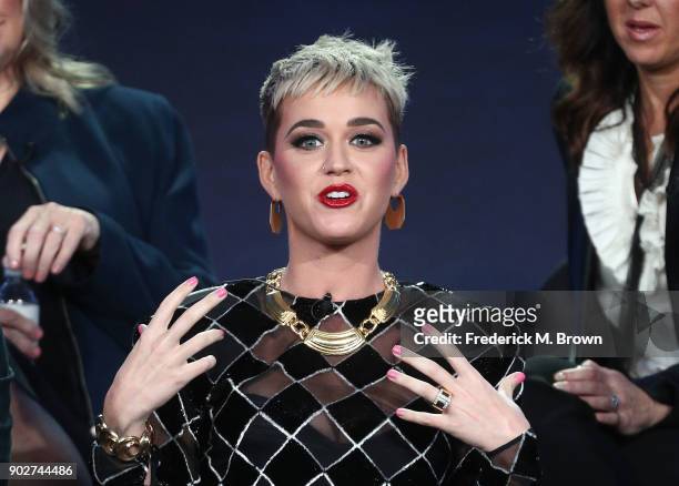 Judge Katy Perry of the television show American Idol speaks onstage during the ABC Television/Disney portion of the 2018 Winter Television Critics...