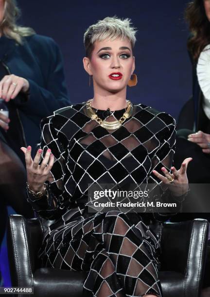 Judge Katy Perry of the television show American Idol speaks onstage during the ABC Television/Disney portion of the 2018 Winter Television Critics...