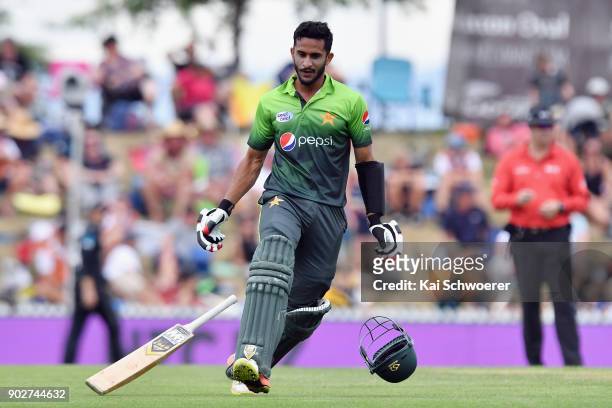 Hasan Ali of Pakistan celebrates scoring his first ODI half century during the second match in the One Day International series between New Zealand...