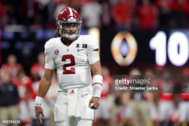 Jalen Hurts of the Alabama Crimson Tide on the field during the first quarter against the Georgia Bulldogs in the CFP National Championship presented...