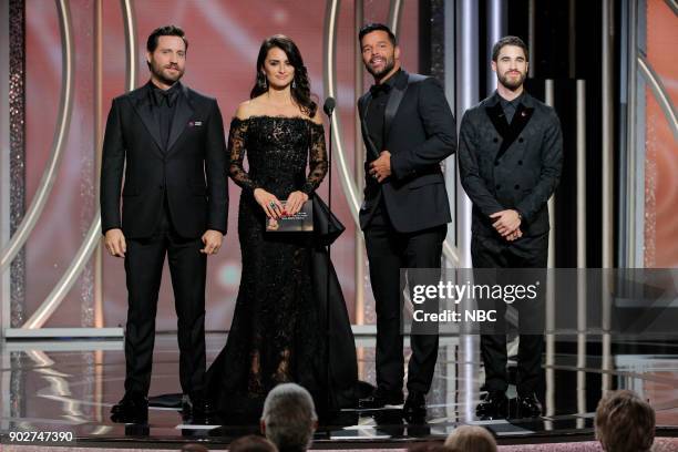 In this handout photo provided by NBCUniversal, Presenters Edgar Ramirez, Penelope Cruz, Ricky Martin and Darren Criss speak onstage during the 75th...