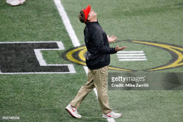 Head coach Kirby Smart of the Georgia Bulldogs reacts to a play during the first quarter against the Alabama Crimson Tide in the CFP National...