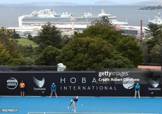 Alison Riske of the USA serves during her singles match againsts Katerina Siniakova of the Czech Republic during the 2018 Hobart International at...