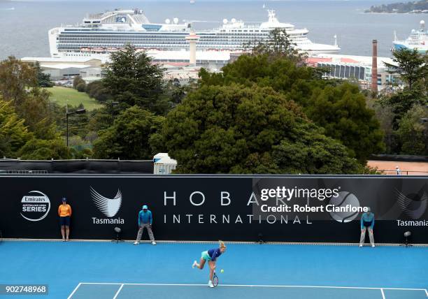 Katerina Siniakova of the Czech Republic serves during her singles match againsts Alison Riske of the USA during the 2018 Hobart International at...