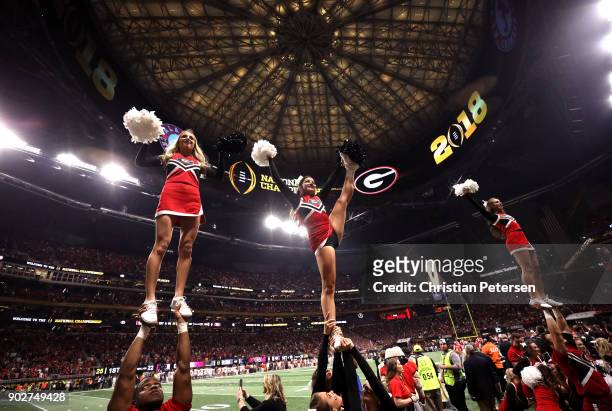 Georgia Bulldogs cheerleaders perform during the first half against the Georgia Bulldogs in the CFP National Championship presented by AT&T at...