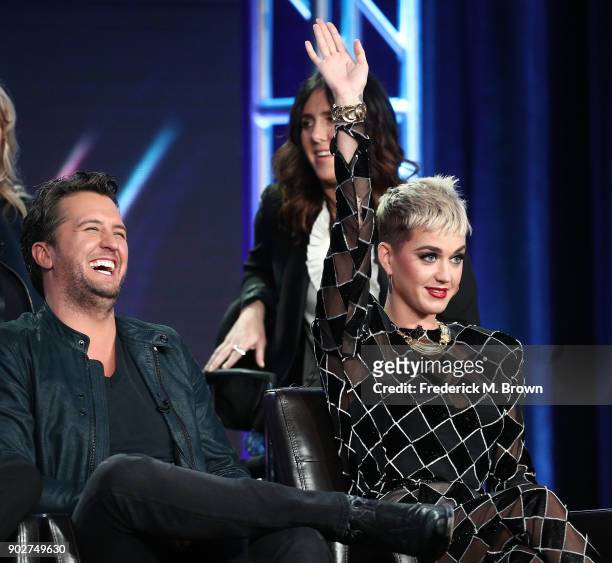 Judges Luke Bryan and Katy Perry of the television show American Idol speak onstage during the ABC Television/Disney portion of the 2018 Winter...