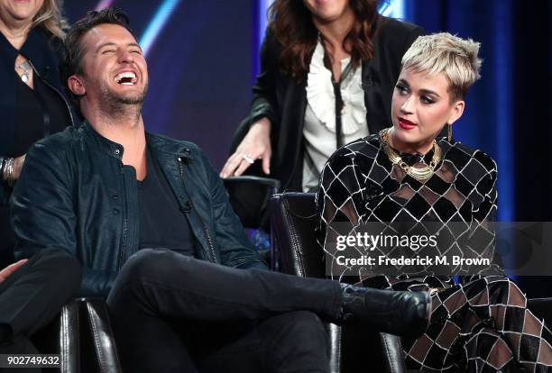 Judges Luke Bryan and Katy Perry of the television show American Idol speak onstage during the ABC Television/Disney portion of the 2018 Winter...