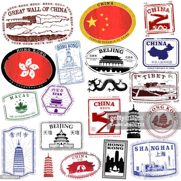 ilustraciones, imágenes clip art, dibujos animados e iconos de stock de vintage sellos de estilo pasaporte chino - hong kong