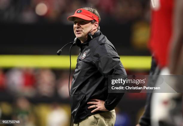 Head coach Kirby Smart of the Georgia Bulldogs reacts to a play during the second quarter against the Alabama Crimson Tide in the CFP National...